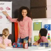 Students learning spanish with teacher in primary school